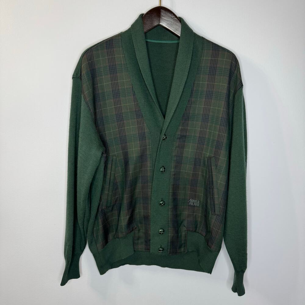 Arnold Palmer Vintage Wool Plaid Green Grandpa Cardigan Men's S